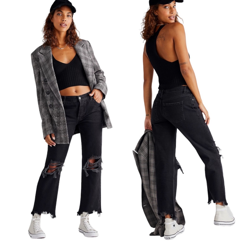 New Free People Maggie Mid-Rise Straight-Leg Jeans in Washed Black Size 25